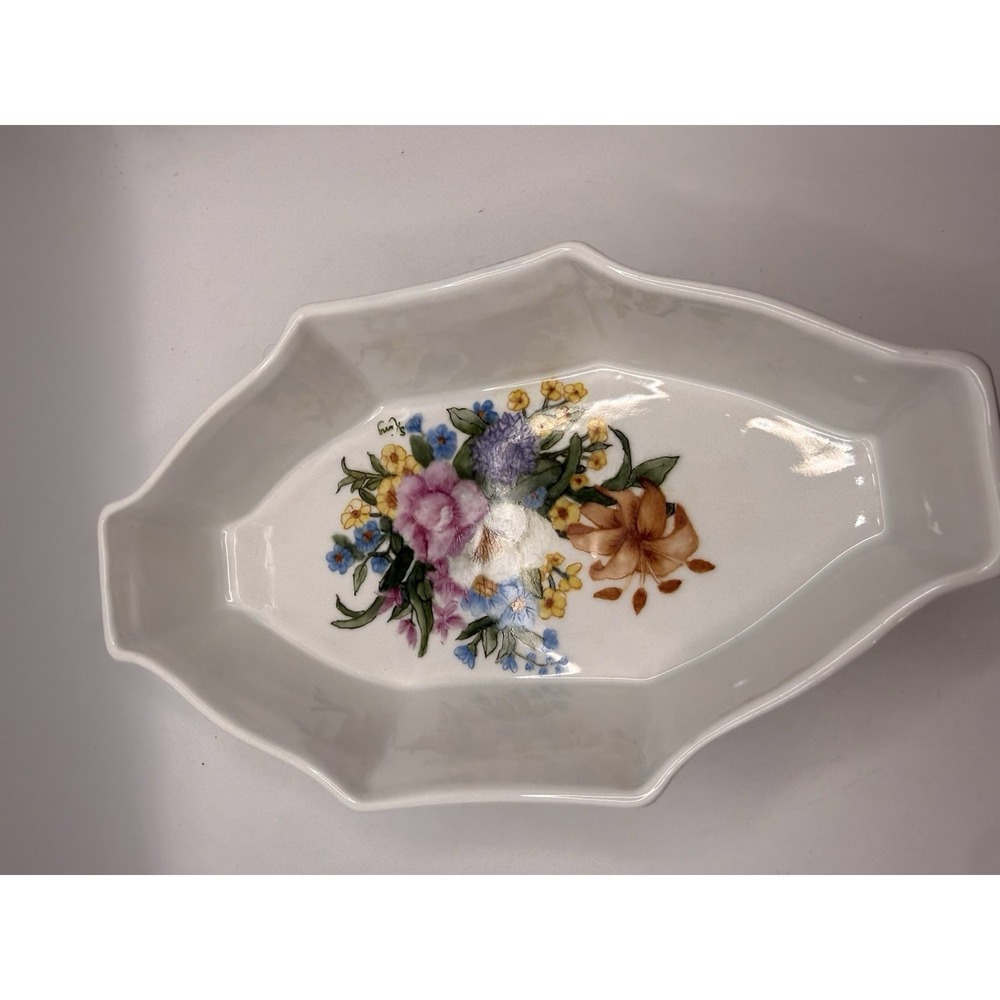 Vintage Floral Porcelain Serving Dish Candy Dish Scalloped Edge White